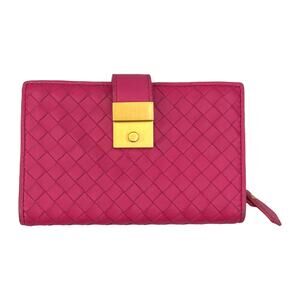 Bottega Veneta Pink Intrecciato Leather French Flap Wallet Gold Hardware Italy